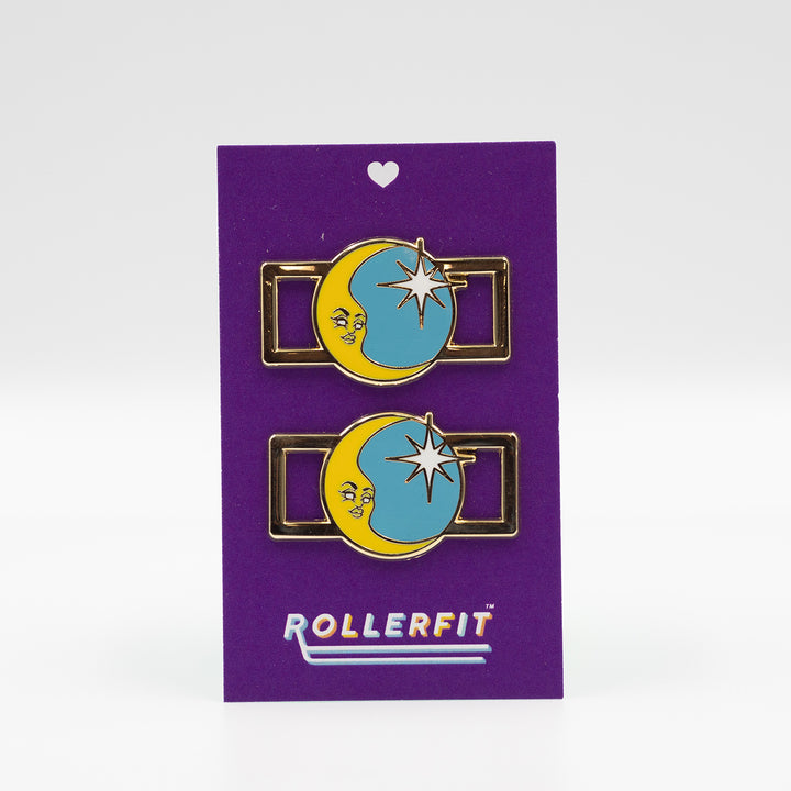 RollerFit Starry Nigh Lace Locks gold metal outer with yellow crescent moon and white star set against a light blue background.