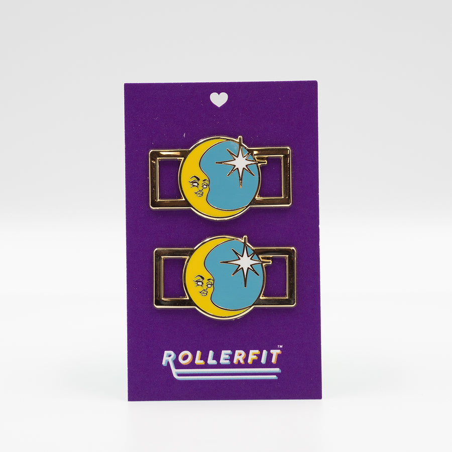 RollerFit Starry Nigh Lace Locks gold metal outer with yellow crescent moon and white star set against a light blue background.