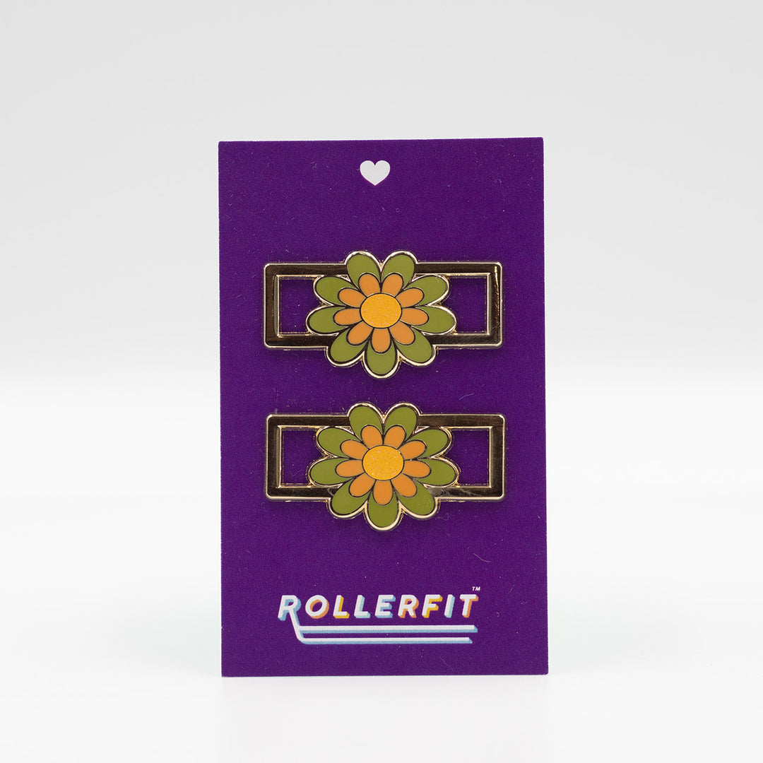 RollerFit Retro Flower Lace Locks gold metal outer and olive green and apricot/orange flower with mustard yellow glitter centre.