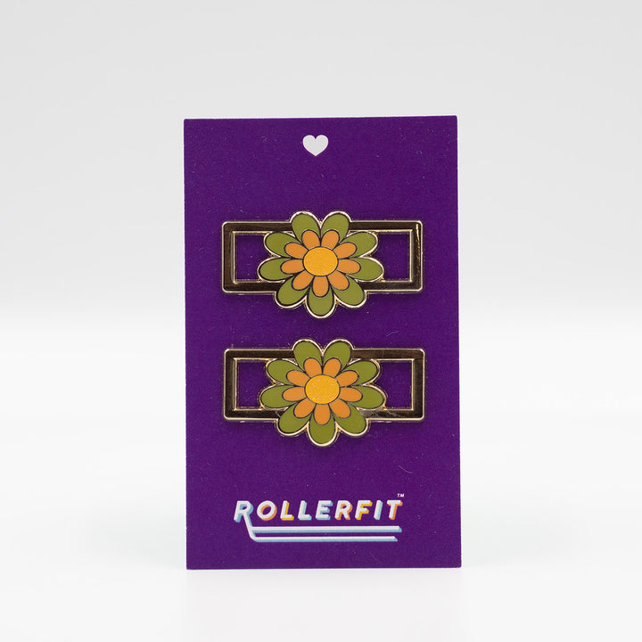 RollerFit Retro Flower Lace Locks gold metal outer and olive green and apricot/orange flower with mustard yellow glitter centre.