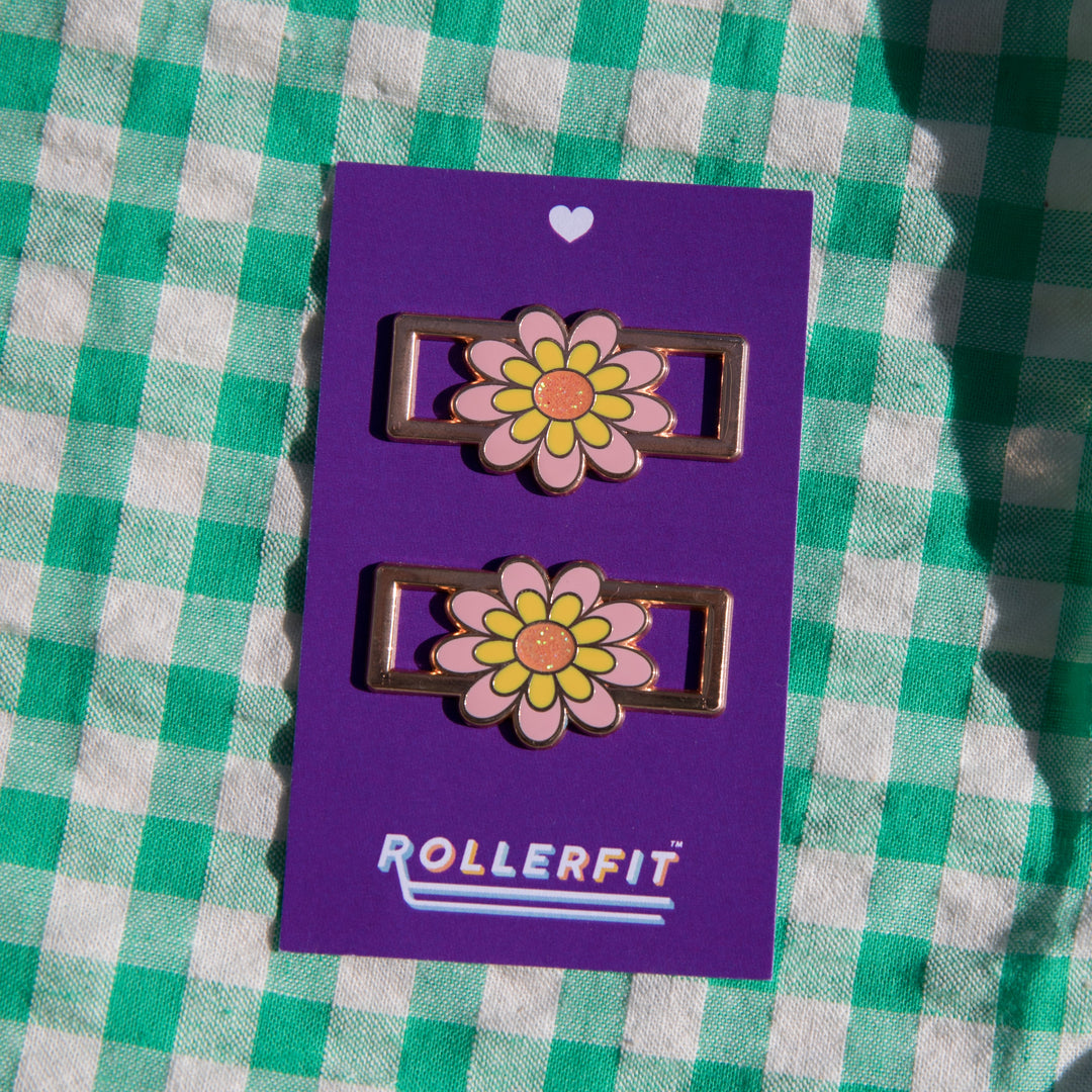 RollerFit Sunset Flower Lace Locks with rose gold outer, pink, yellow and glitter orange flower design.