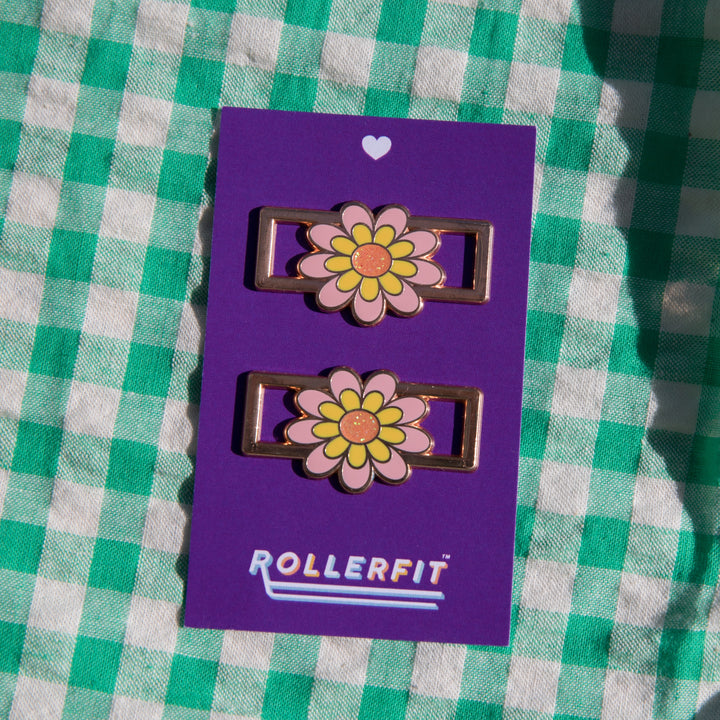 RollerFit Sunset Flower Lace Locks with rose gold outer, pink, yellow and glitter orange flower design.
