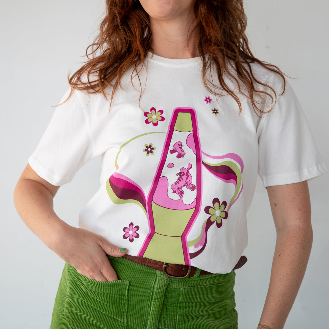 Stacey wears the RollerFit lava T-shirt in white.