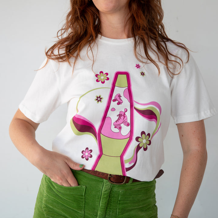 Stacey wears the RollerFit lava T-shirt in white.