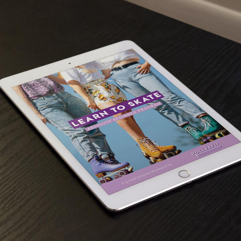 RollerFit Learn to Skate Absolute Beginner Program pdf booklet on tablet.