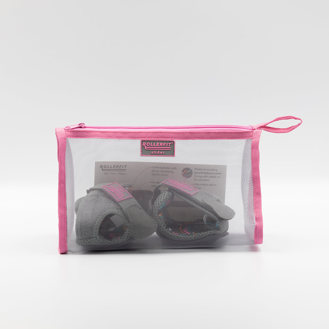 The RollerFit Palm Slider a light weight protective guard for your hands in grey with pink accents in their unique sleeve packaging.