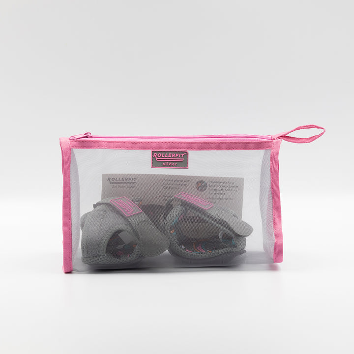 The RollerFit Palm Slider a light weight protective guard for your hands in grey with pink accents in their unique sleeve packaging.