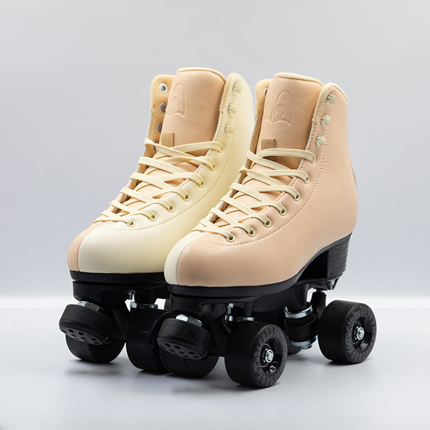 Chuffed Skates Cruiser roller skates in Sunrise, a cream and apricot 2 tone boots with all black hardware.