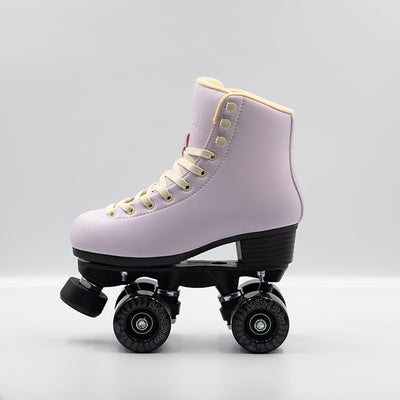 Chuffed Skates Cruiser roller skates in Sunset, a cream and lilac 2 tone boots with all black hardware.