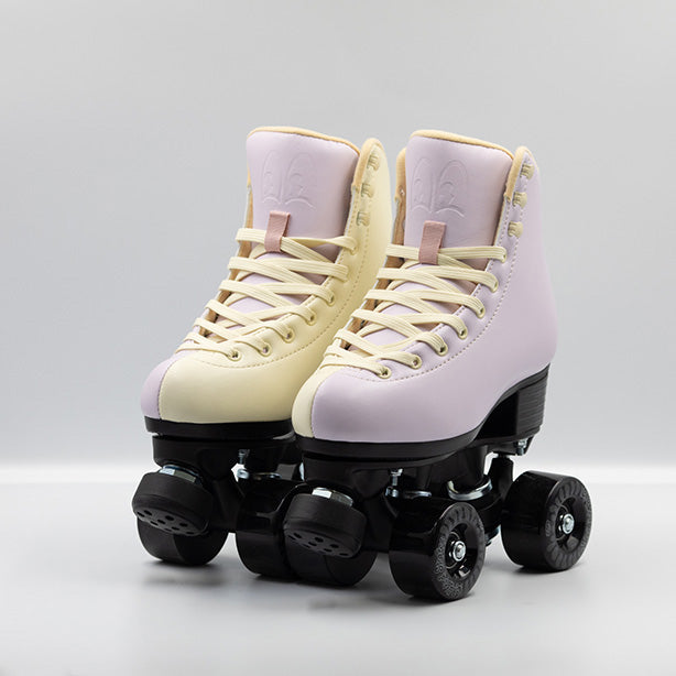 Chuffed Skates Cruiser roller skates in Sunset, a cream and lilac 2 tone boots with all black hardware.