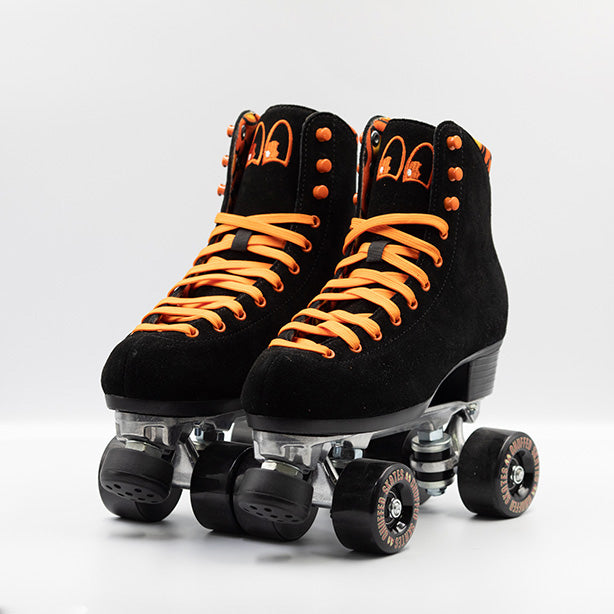 Chuffed Skates Fuegote roller skates with black suede boots, toe stops, wheels and orange laces, eyelets, logo embroidery and a piping hot flame lining.