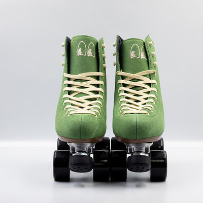 Chuffed Skates Wanderer roller skates in Olive Green with cream laces, eyelets and logo embroidery on the tongue, black wheels and toe stops.