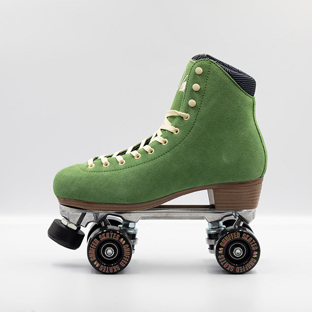 Chuffed Skates Wanderer roller skates in Olive Green with cream laces, eyelets and logo embroidery on the tongue, black wheels and toe stops.