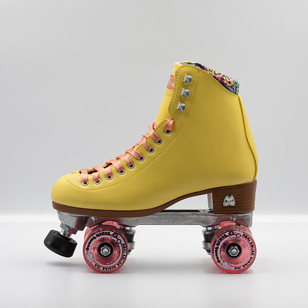 Moxi Roller Skates Beach Bunny skates in Lemonade yellow with light pink laces and wheels.