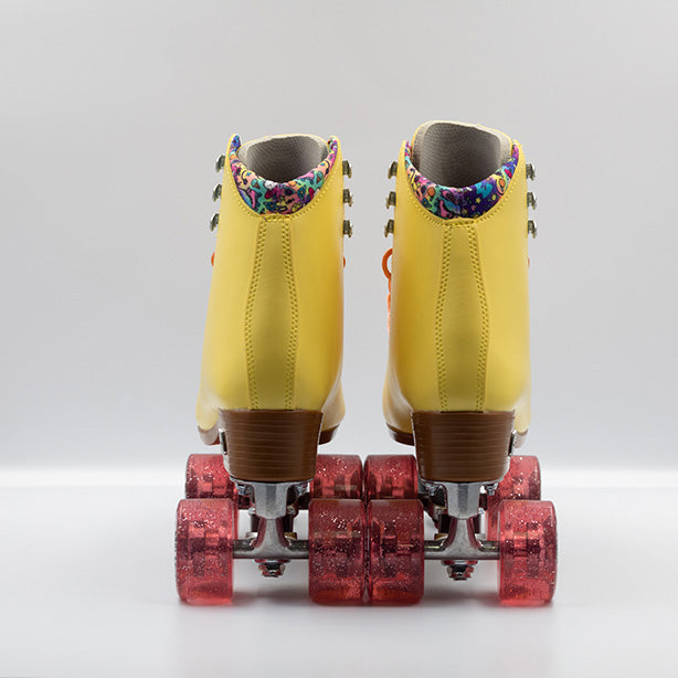 Moxi Roller Skates Beach Bunny skates in Lemonade yellow with light pink laces and wheels.