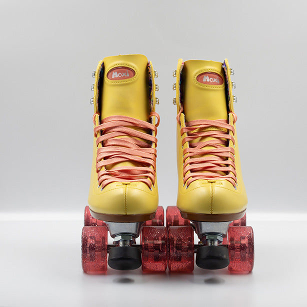 Moxi Roller Skates Beach Bunny skates in Lemonade yellow with light pink laces and wheels.