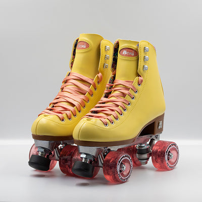 Moxi Roller Skates Beach Bunny skates in Lemonade yellow with light pink laces and wheels.