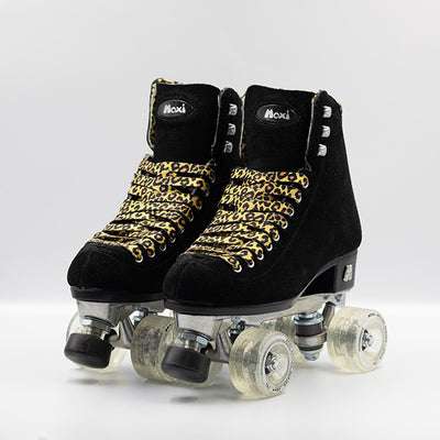 Moxi Roller Skates Panther black roller skates with clear glitter wheels, leopard laces and lining.