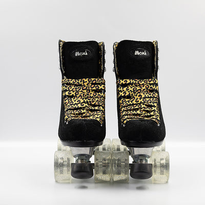 Moxi Roller Skates Panther black roller skates with clear glitter wheels, leopard laces and lining.