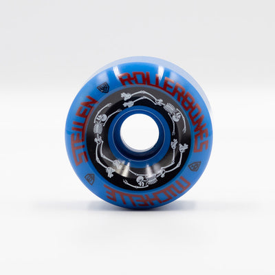 Rollerbones x Michelle Steilen Bowl Bomber blue wheel with black, white and red print.