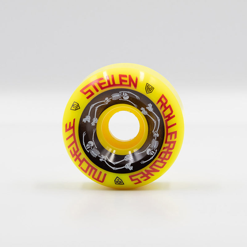 Rollerbones x Michelle Steilen Bowl Bomber wheel in yellow with black, white and red print.