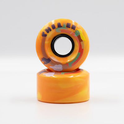 Chuffed Skates Chiller Wheels in Sunny (orange/yellow swirl).