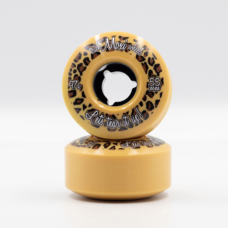 Moxi Roller Skates Trick wheels in tan 55m with leopard print.