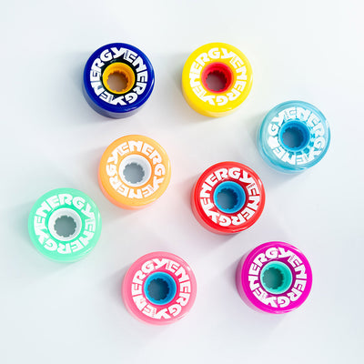 Radar Energy 57mm in all 8 colours on a white background.
