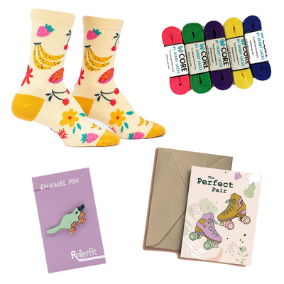 RollerFit Special Occasion Gift Box includes socks, laces, enamel pin and card.