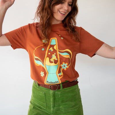 Stacey wears the RollerFit lava Tshirt in copper.