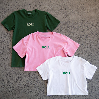 Roll t-shirt range in green, crop pink and crop white.