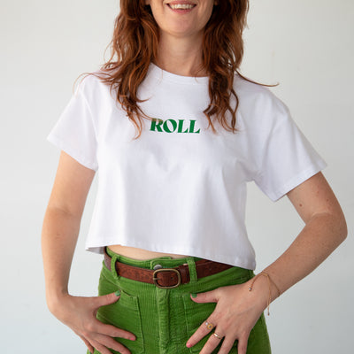Stacey wears the RollerFit Roll Crop t-shirt in white.