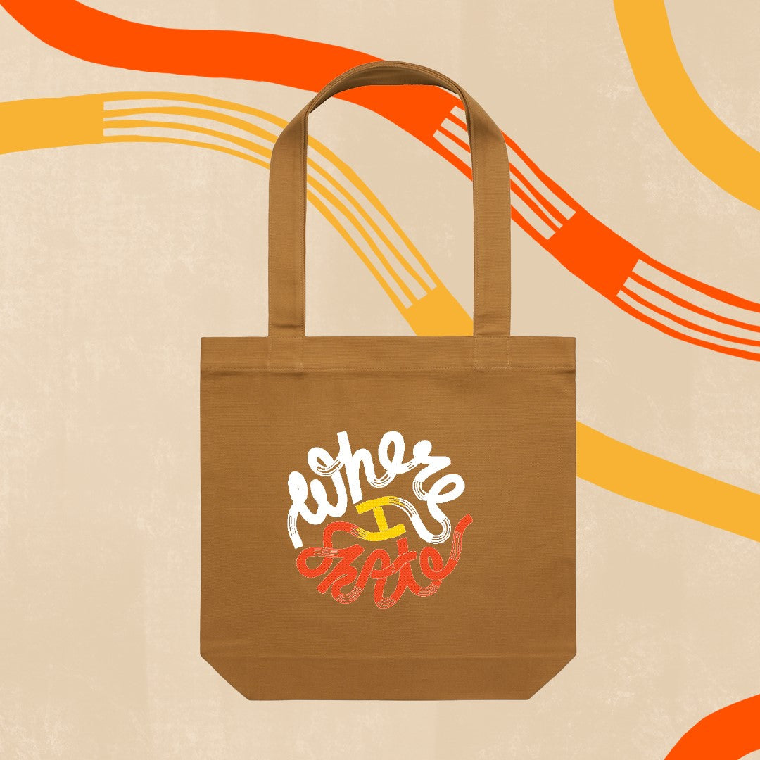 Camel tote bag with Where I Skate design.