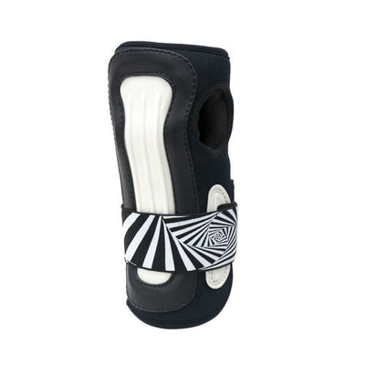 Smith Scabs Stabiliser Pro wrist guard with black neoprene, white splint and black and white stripe spiral print strap.