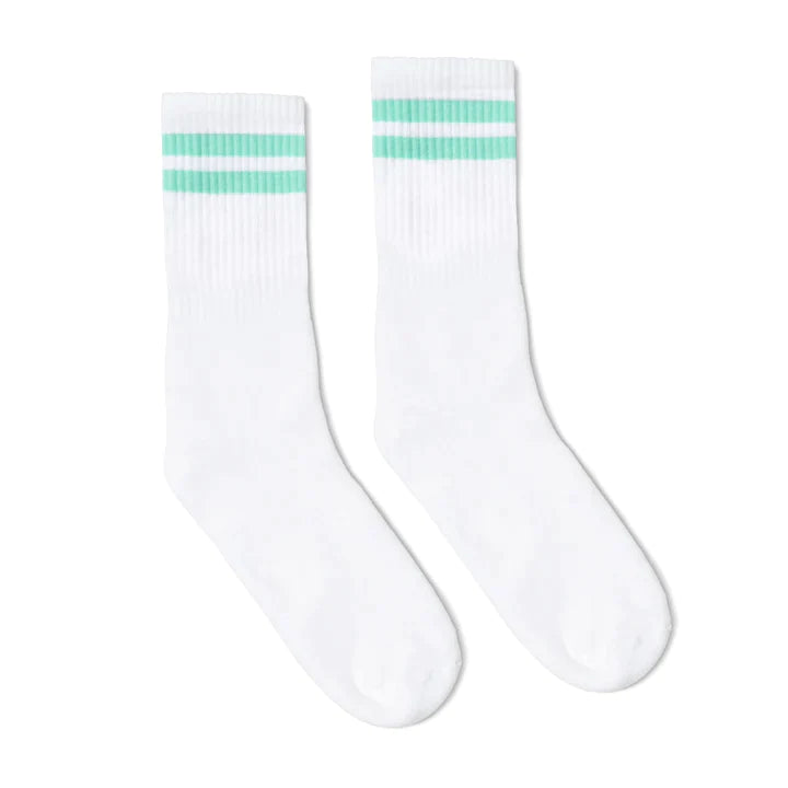 Socco white tube socks with 2 mint stripes at the top of the sock.