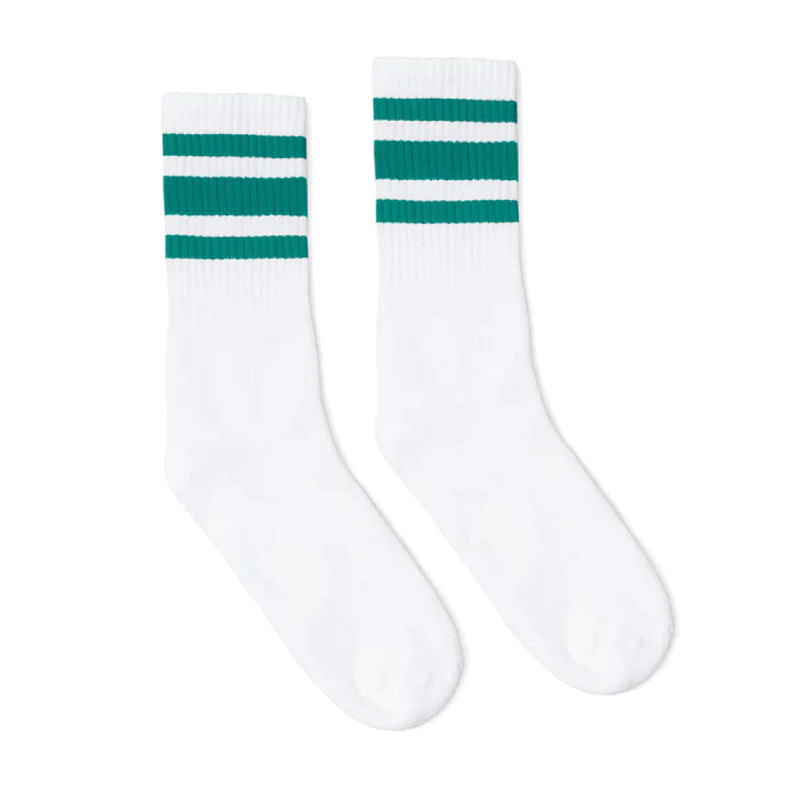 Socco white tube socks with 3 teal stripes at the top.