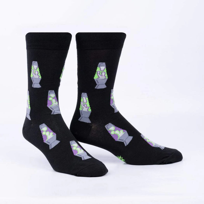 Black socks with grey, purple and neon green lava lamps.