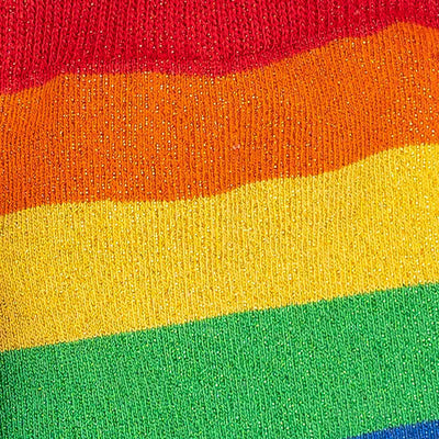 Up close view of glitter socks in rainbow stripes.