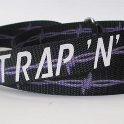 Strap N Go skate leash in black with lilac barbed wire print.