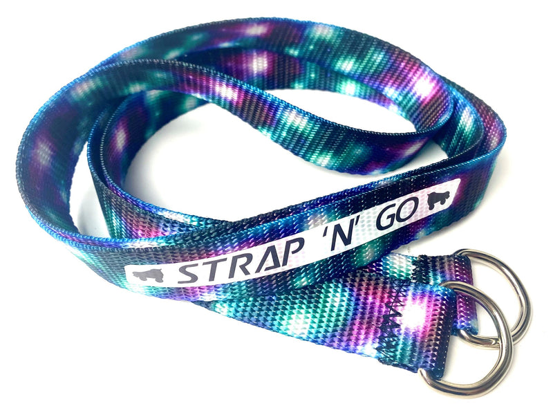 Strap N Go skate leash in cosmic ray print with dark blue, purple and teal space pattern..