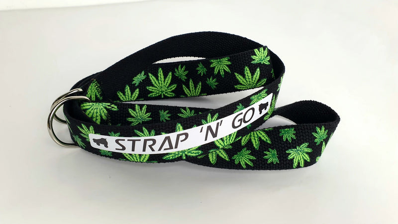 Strap N Go skate leash in black with marijuana leaf print.