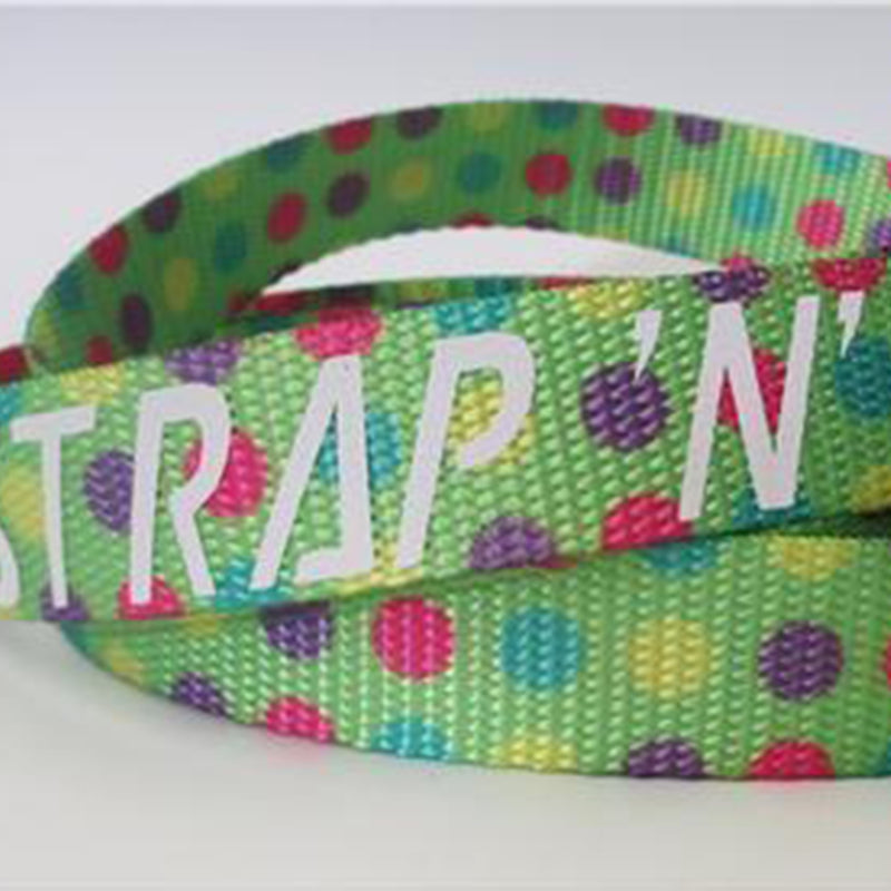 Strap N Go skate leash in green with colourful polka dots print.