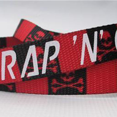 Strap N Go skate leash red and black skull print.