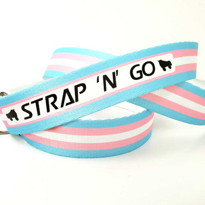 Strap N Go skate leash in trans flag stripe print.