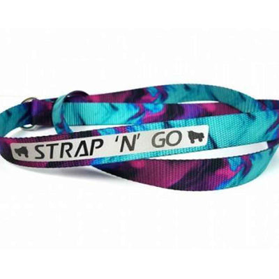 Strap N Go skate leash in wicked purple teal, purple and blue print.