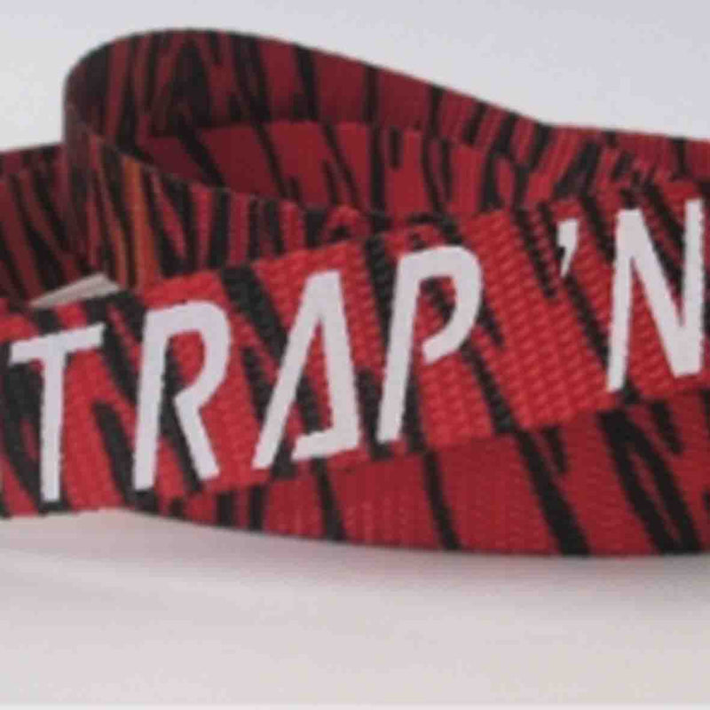 Strap N Go skate leash in red and black zebra print.