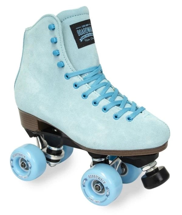 Sure-Grip Boardwalk roller skates in Seabreeze Blue, pastel blue boots and wheels.
