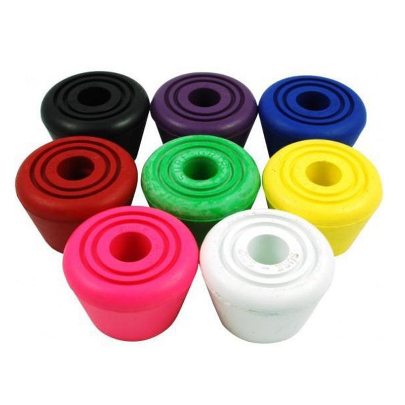 Sure-Grip Bullseye bolt-one toe stops from left to right: black, purple, blue, red, green, yellow, pink and white.