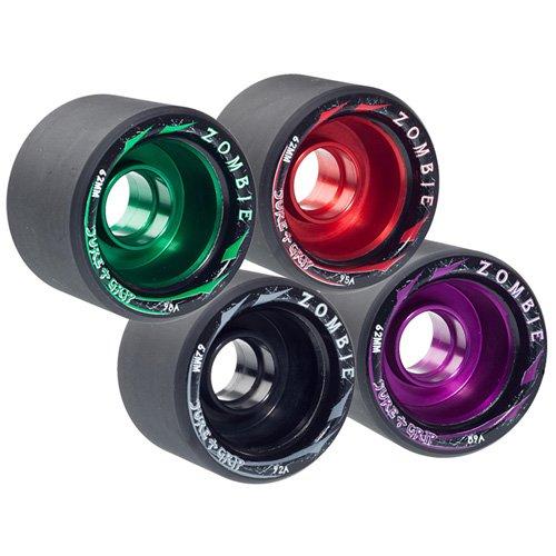 Sure-Grip Zombie roller derby wheels with black tread and green, red, black or purple aluminium hub.