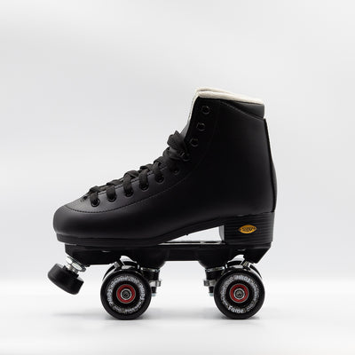 Side view: Sure-Grip Fame roller skates in black.